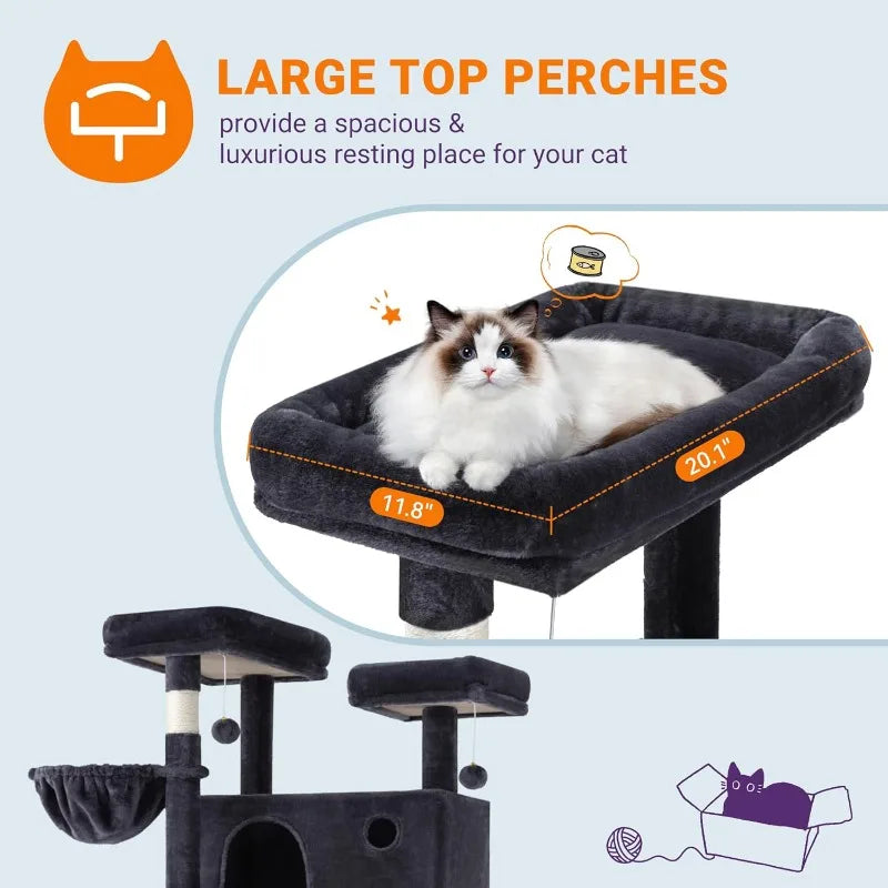 81 Inches Tall Cat Tree/Multi-Level, Large Climbing Tree House and Towers for Big Feline/Condo and Hammock/Dark Grey
