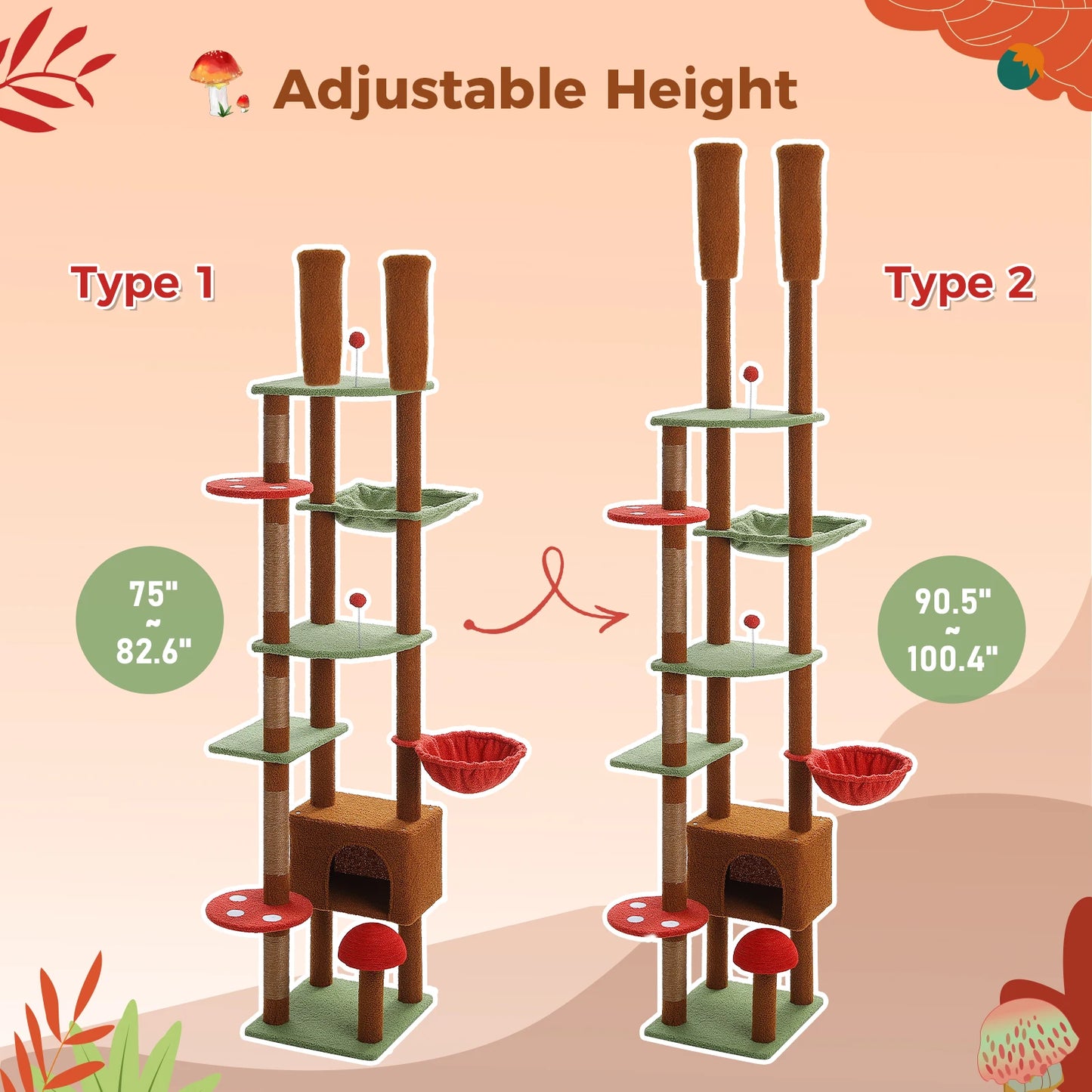 Adjustable Cat Tree, Floor to Ceiling Cat Condo, Hanging Ball, 5 Scratching Posts, Hammock, Ample Resting Place for Cats