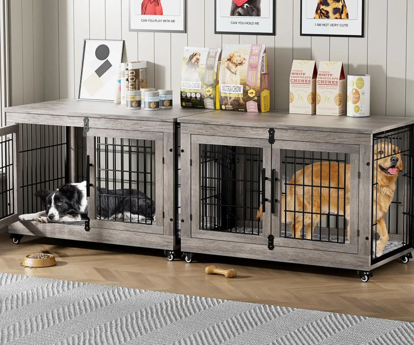 Dog Kennel Indoor, Double Doors Wooden Dog Cage, 38'' Heavy Duty Dog Crate, End Table, Pet House, Chew-Resistant, Up to 70 lb, Grey