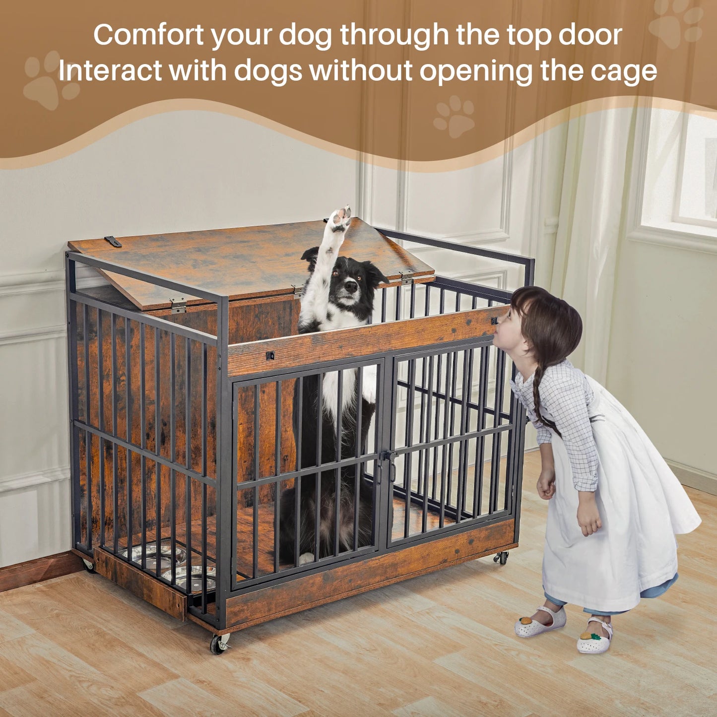 Dog Crate Furniture End Table, Dog Kennel Indoor, Heavy Duty Dog House w/ Wheels, Feeder Bowls Flip Top 43.7 x 30 x 37.8 in