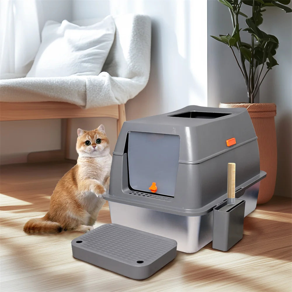 XXL Stainless Steel Cat Litter Box, Enclosed Puppy Cat Litter Tray with Lid Large, Litter Pan, High Wall Side, Easy Cleaning Toilet