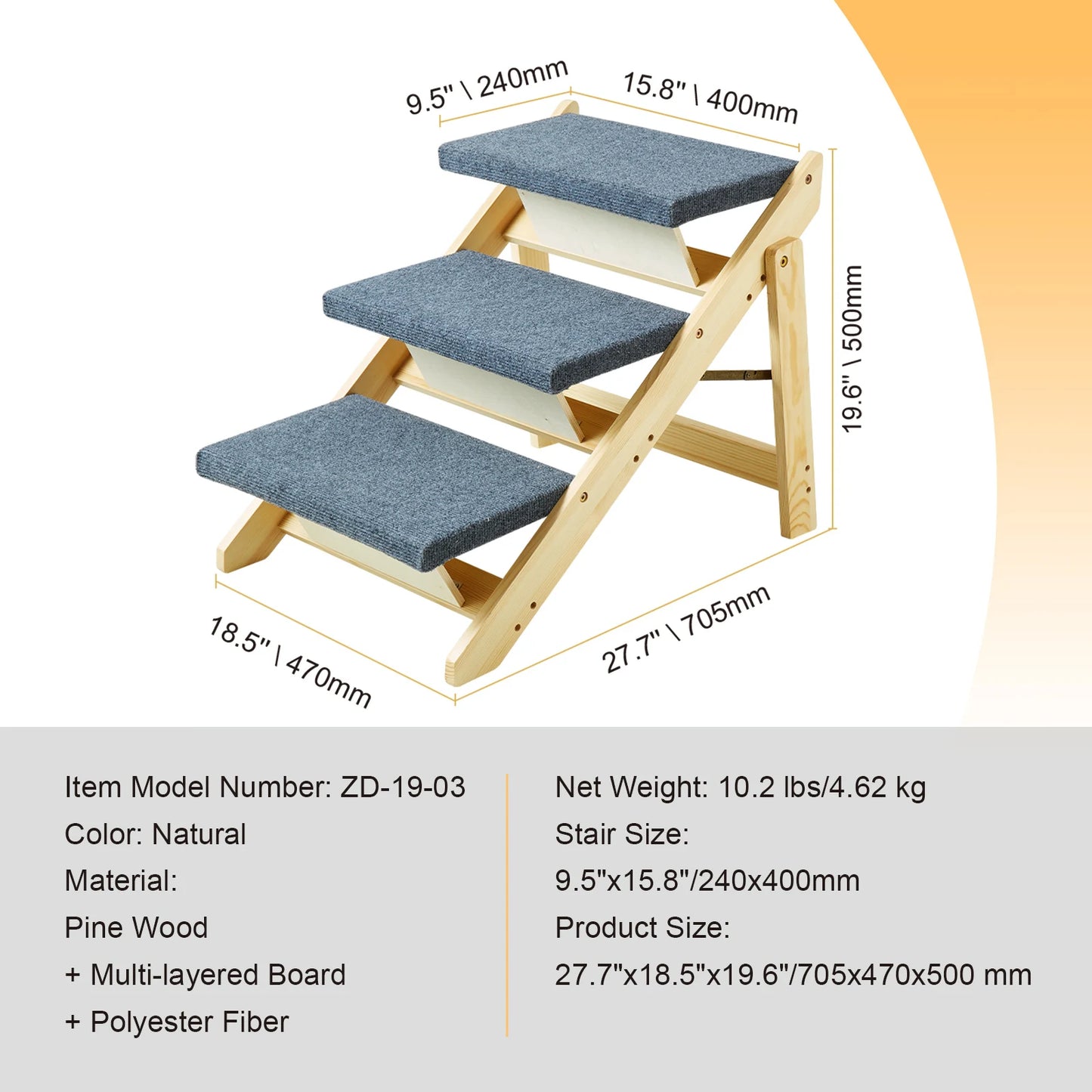 Wooden Pet Steps/Ramp Combo, Foldable, Fabric Covered