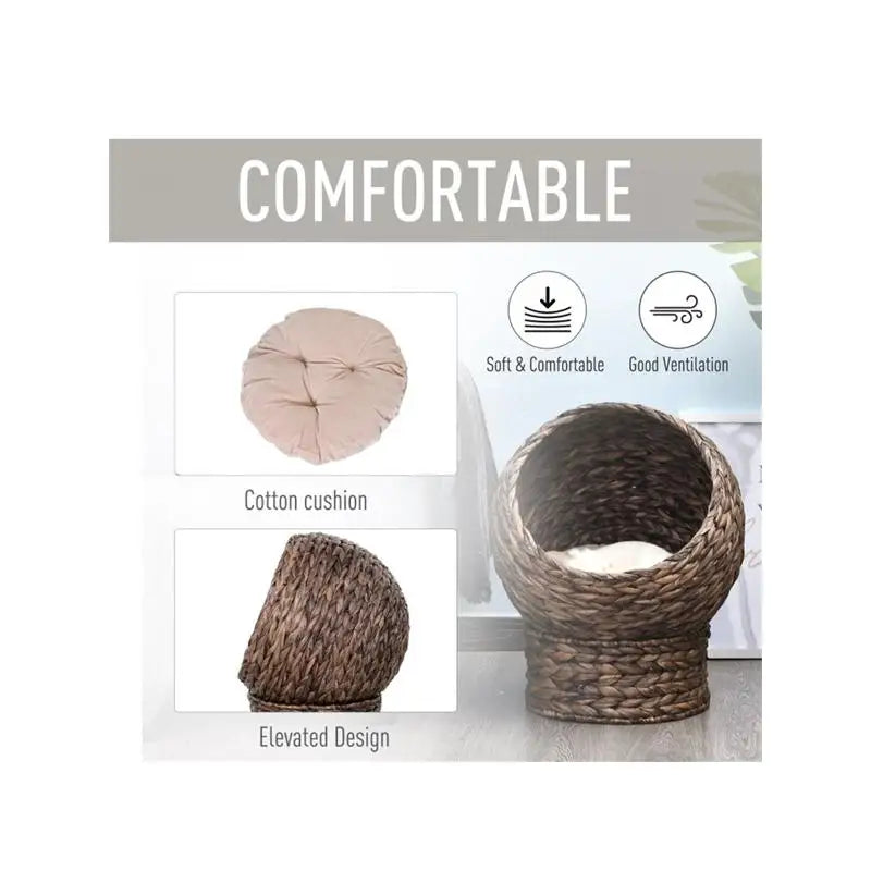 Cozy Cat Bed & House, Rattan, Plush Fabric Cushion, Elevated
