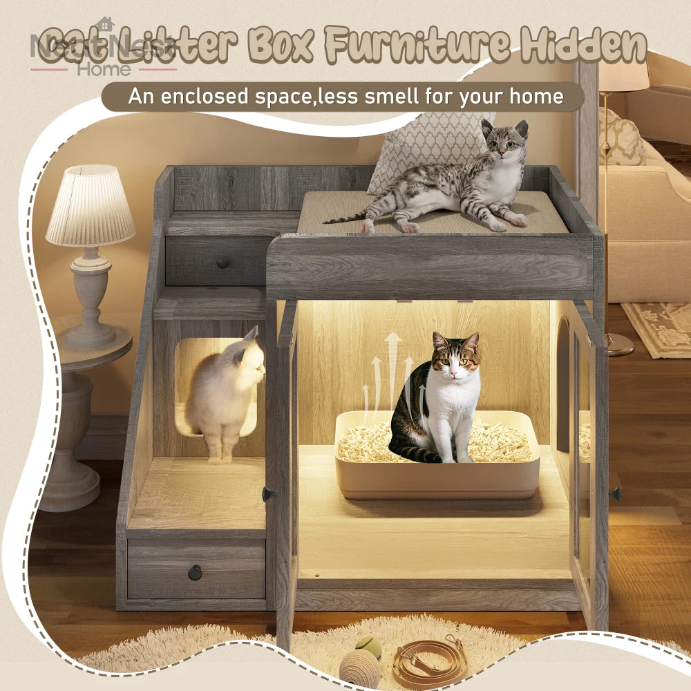 Indoor Cat House for Living Room, Cat Litter Box Enclosure with Light, Hidden Litter Box Furniture with 2 Storage Drawers