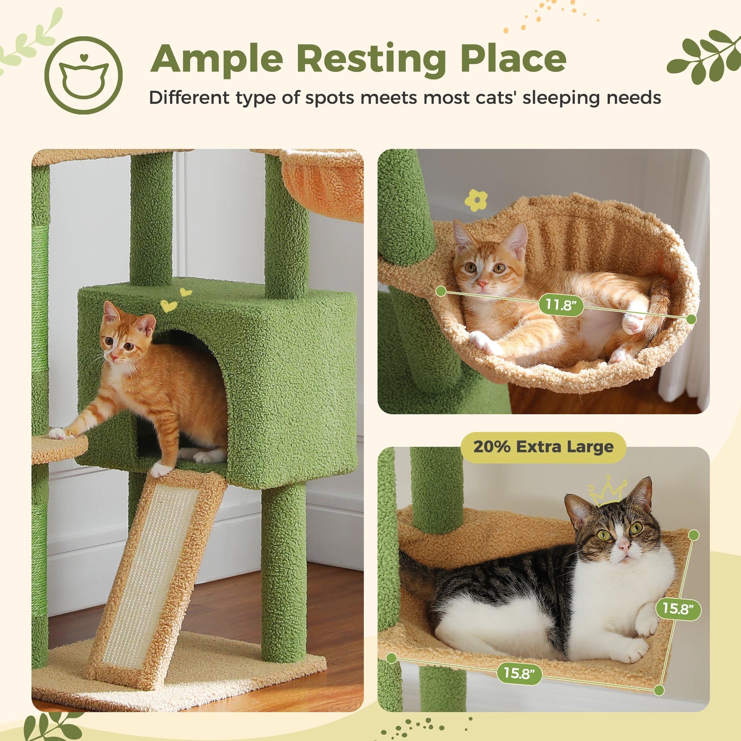Cactus Cat Tree, Floor to Ceiling Cat Tower, Adjustable Height with Cat Condo, Cozy Hammock and Scratching Post, Tall Activity Tree