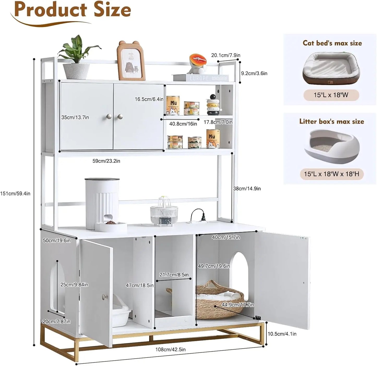 Cat Litter Box Enclosure with Power Outlet, Upgraded, Large Double Hidden Cat Litter Box, Furniture with Shelf, Indoor Cat House, Brown or White