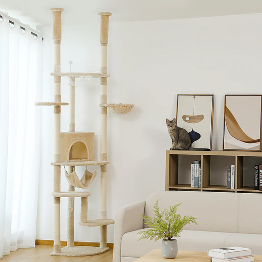 Floor to Ceiling Cat Tree, Adjustable Cat Tower, Tall Kitty Climbing Play House with Scratching Posts