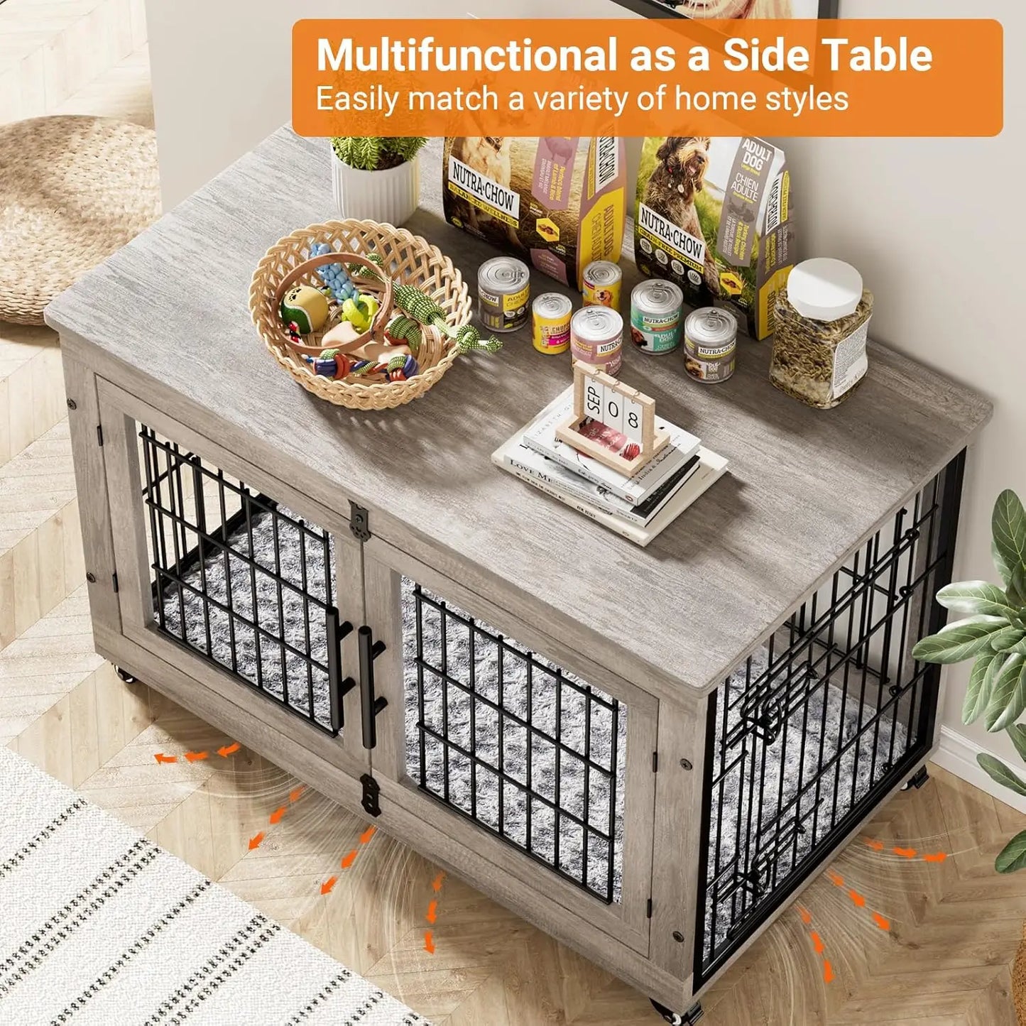 Dog Kennel Indoor, Double Doors Wooden Dog Cage, 38'' Heavy Duty Dog Crate, End Table, Pet House, Chew-Resistant, Up to 70 lb, Grey