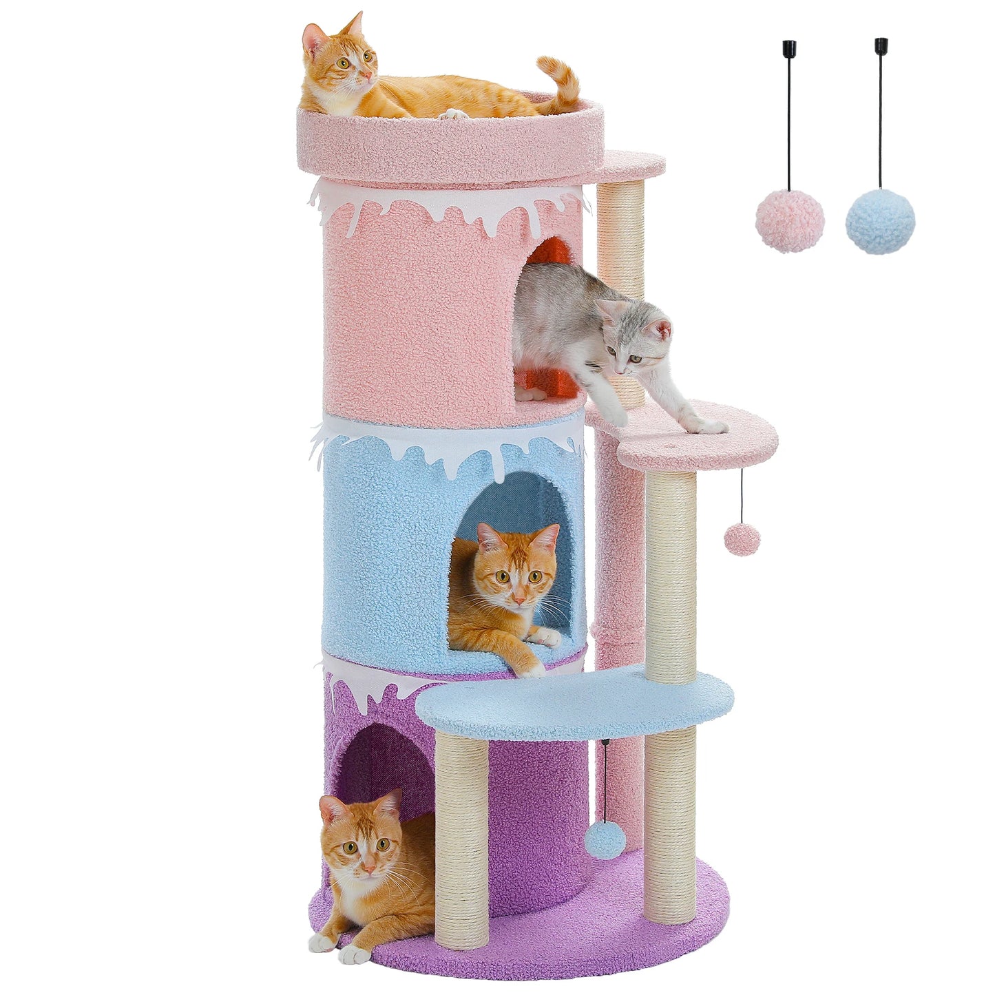 Multi-Level Cat Bed Cat House, Large Cat Condos for Indoor, Cute Cat Tree Tower with Sisal Scratching Posts, Pompoms, Kitten Toy