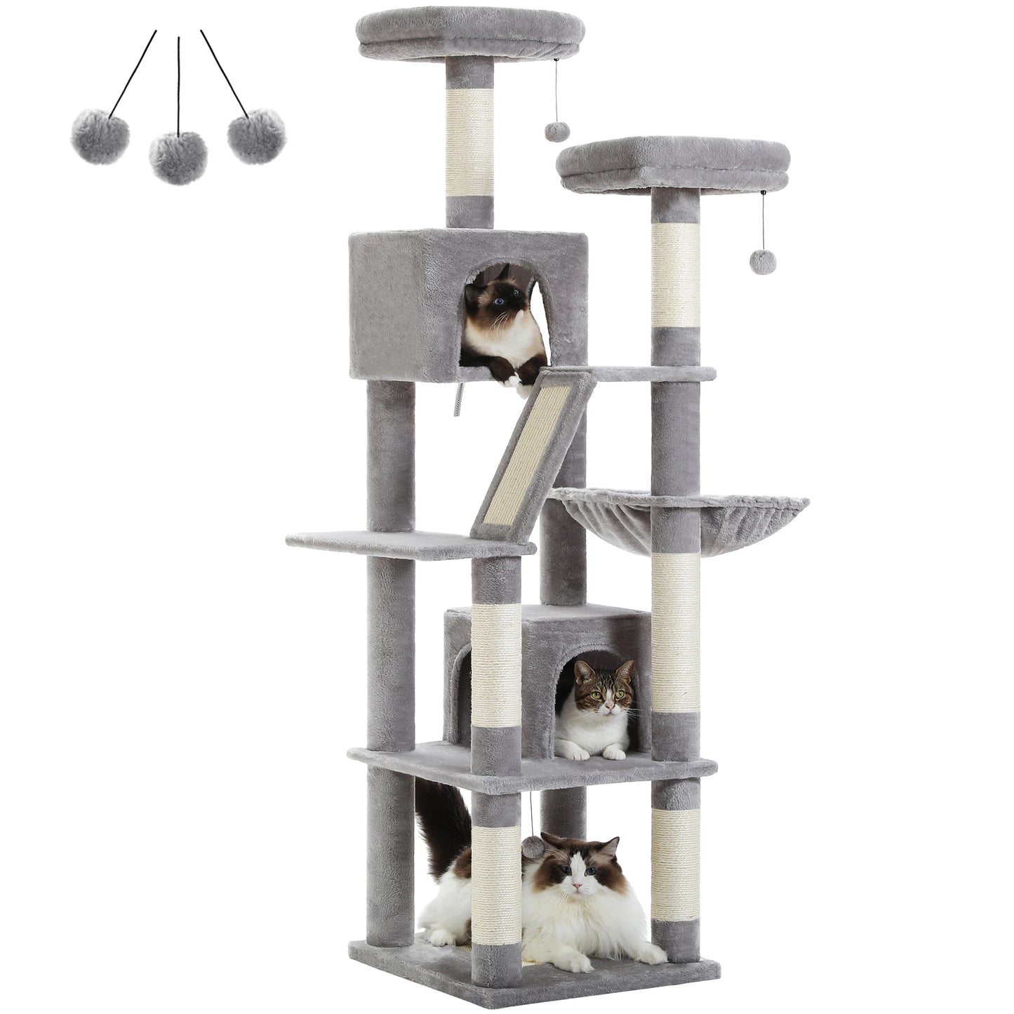 Deluxe 70in/180cm Multi-Level Cat Tree, Plush Condo, 6 Scratching Posts, Perches, Caves, Hammock, Pompoms, for Active Felines