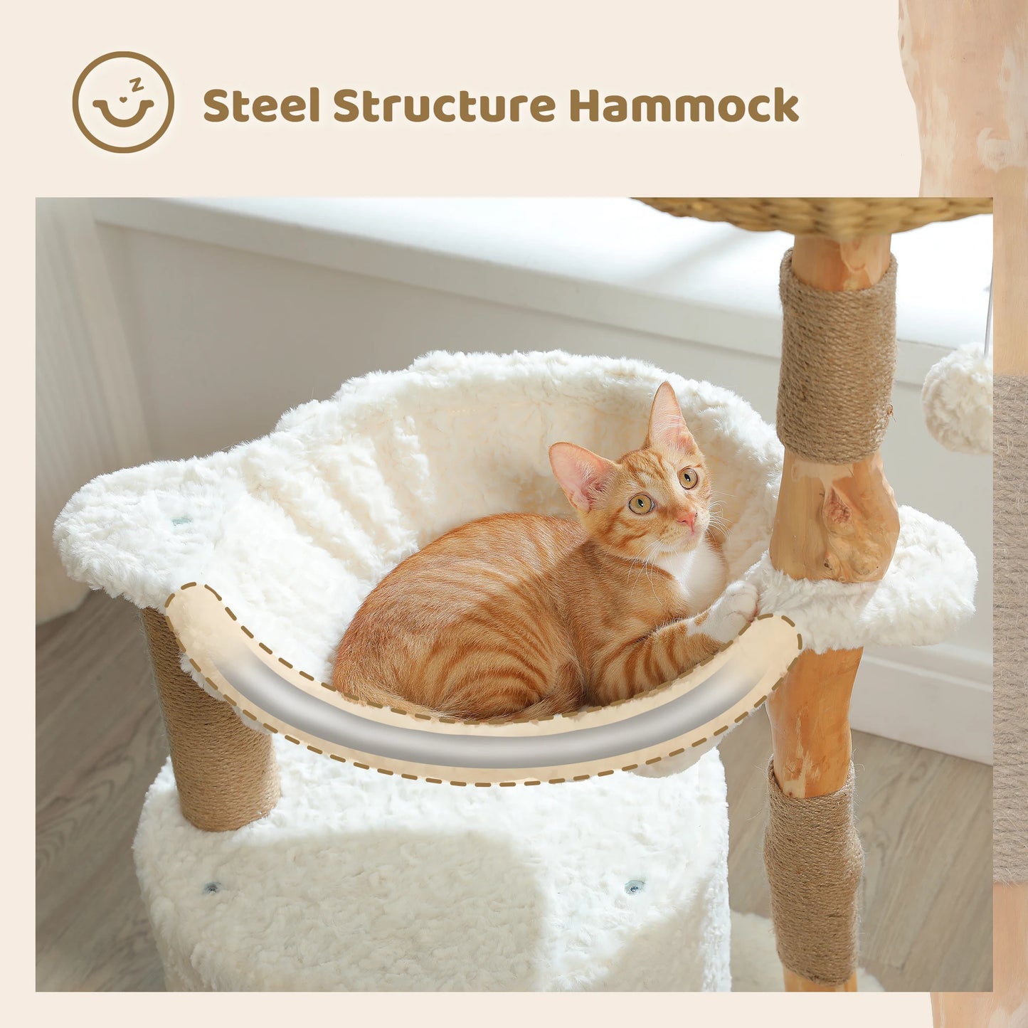 Modern Cat Tree, Natural Wood Cat Tower with Large Wicker Basket, Spacious Condo, Deep Hammock, Luxury Cat House Bed for Indoor