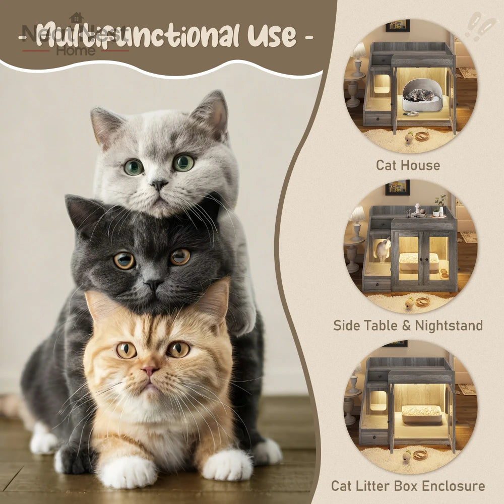 Indoor Cat House for Living Room, Cat Litter Box Enclosure with Light, Hidden Litter Box Furniture with 2 Storage Drawers