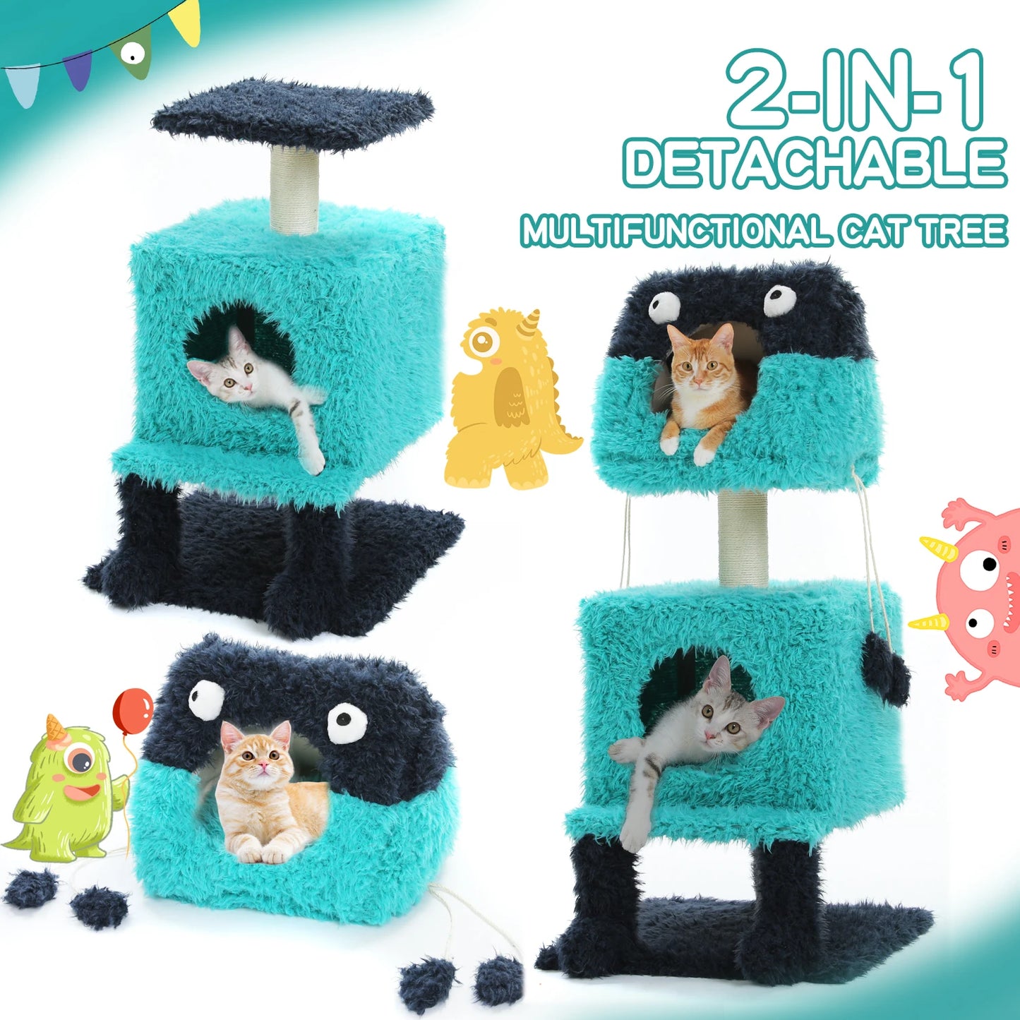 Monster Series Cute Cat Tree Tower, Plush Modeling with 2 Big Cat Condos, Cat Scratching Post with Plush Shoes, Strange Braids Toy