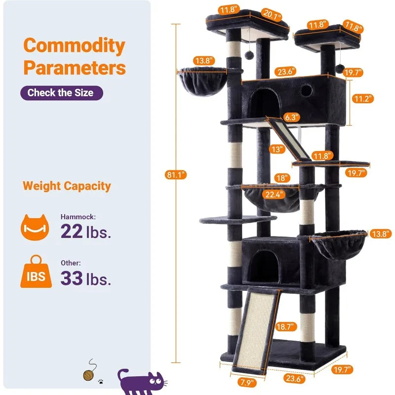 81 Inches Tall Cat Tree/Multi-Level, Large Climbing Tree House and Towers for Big Feline/Condo and Hammock/Dark Grey