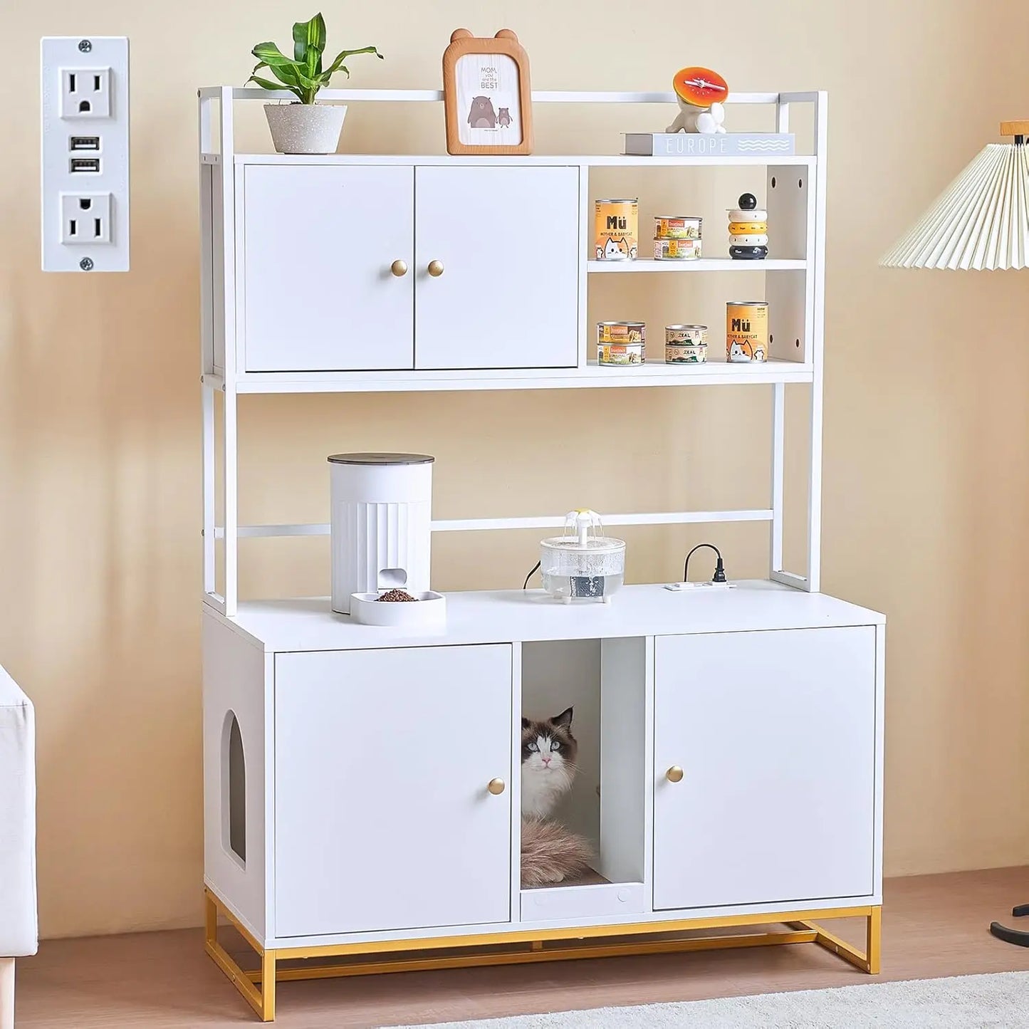 Cat Litter Box Enclosure with Power Outlet, Upgraded, Large Double Hidden Cat Litter Box, Furniture with Shelf, Indoor Cat House, Brown or White