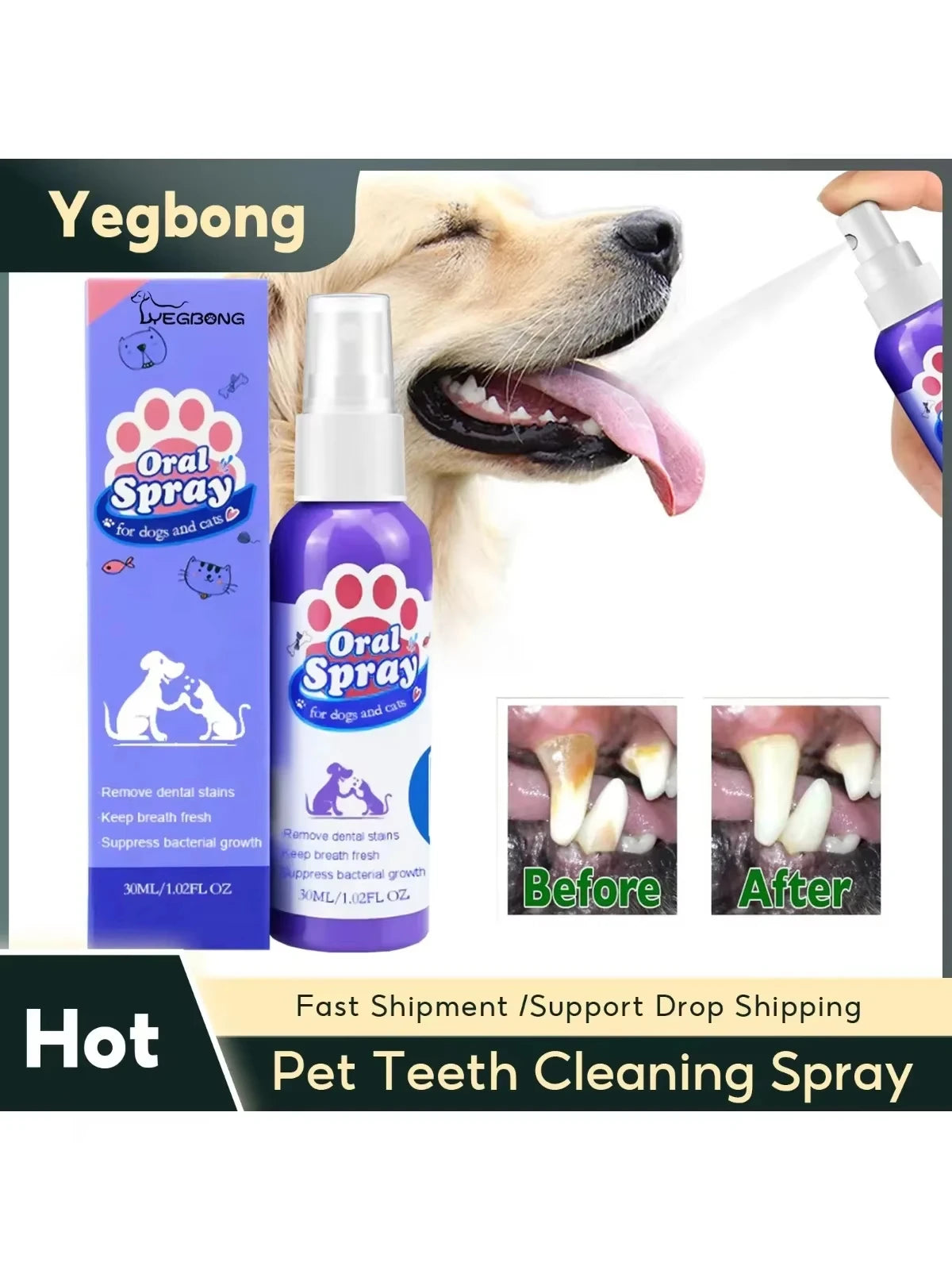 Pet Tooth Cleaning Spray, Dogs Remove Bad Breath, Cats Fresh Oral Cleaning, Dental Care, Deodorization Spray, Pet Supplies 30ml