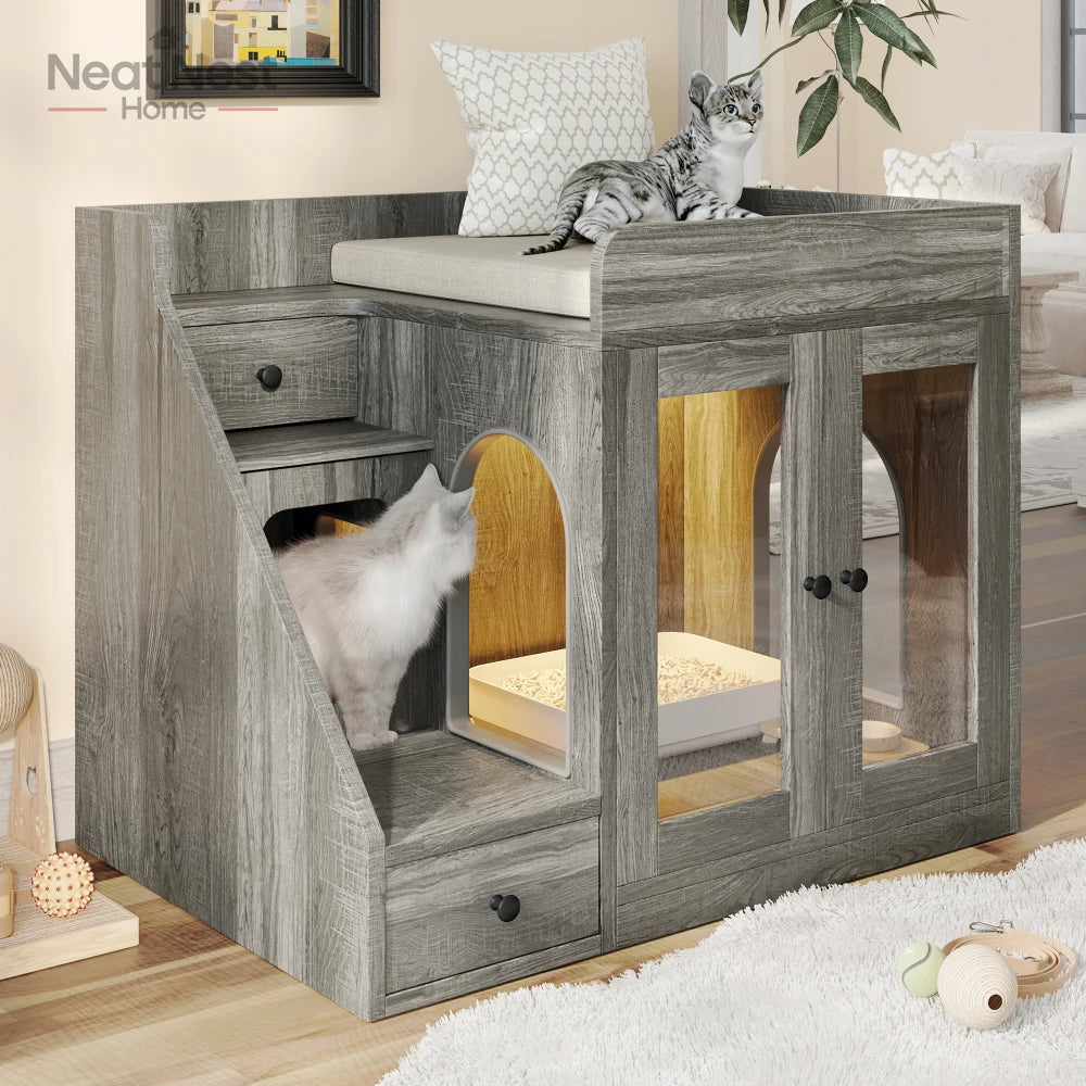 Indoor Cat House for Living Room, Cat Litter Box Enclosure with Light, Hidden Litter Box Furniture with 2 Storage Drawers