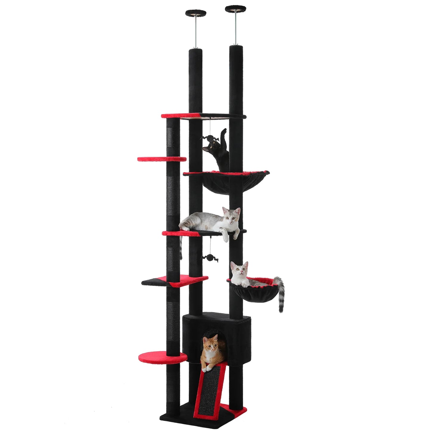 Adjustable Cat Tree, Floor to Ceiling Cat Condo, Hanging Ball, 5 Scratching Posts, Hammock, Ample Resting Place for Cats