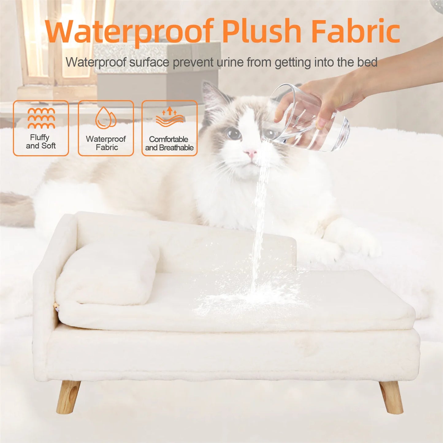 Waterproof Pet Sofa, Dog Cat Bed Couch, Raised Chair Lounger, Plush Cover Cushion