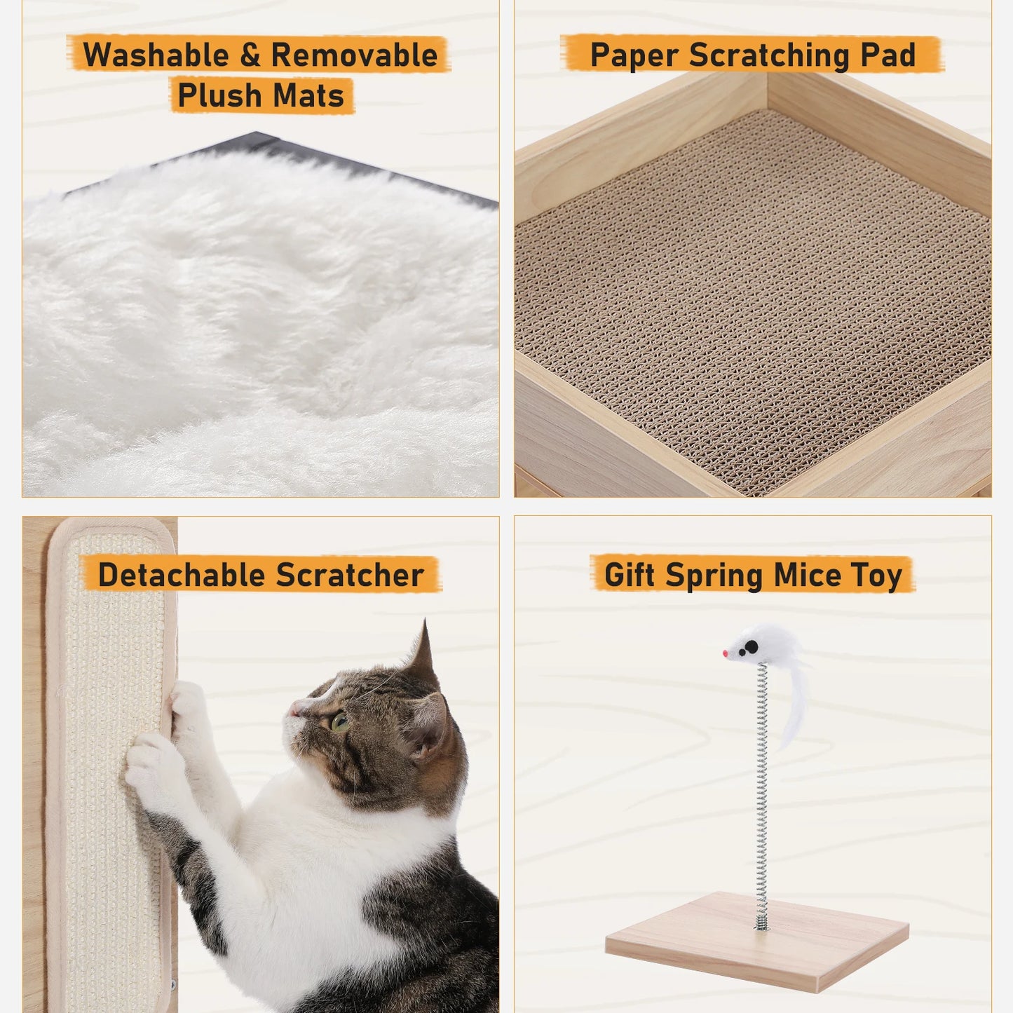 Wooden Cat Condo House with Plush Mats, Scratching Pad, Detachable Scratcher, Quality Furniture End Table Cat Condo
