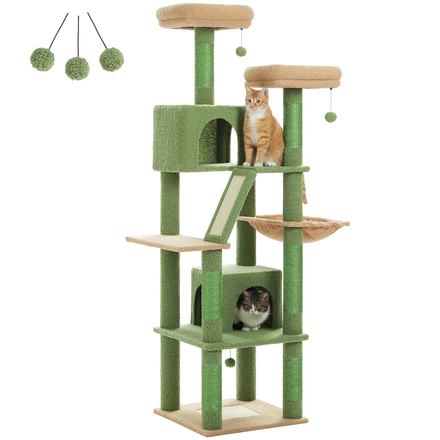 Deluxe 70in/180cm Multi-Level Cat Tree, Plush Condo, 6 Scratching Posts, Perches, Caves, Hammock, Pompoms, for Active Felines