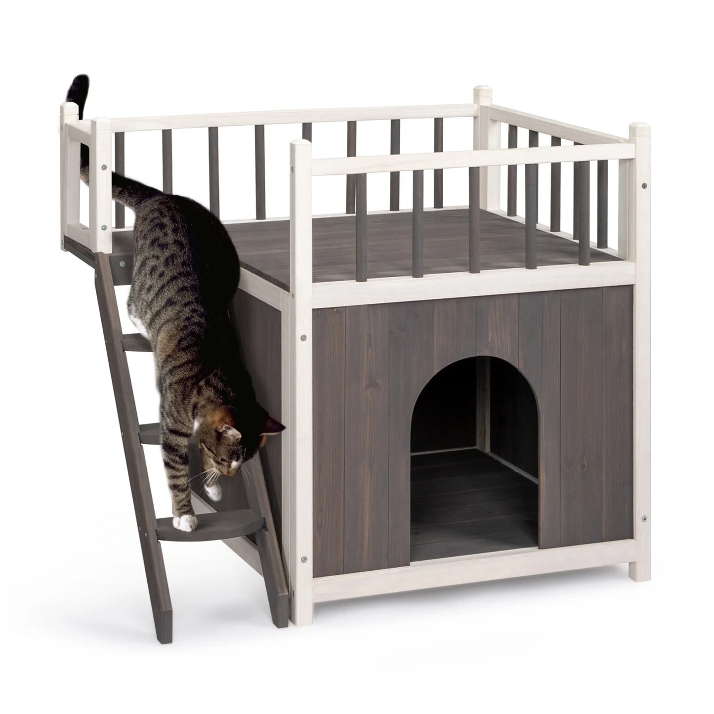 Large Luxury Cat Villa, 2-Story Wooden Feral Cat House, Dog House for Outdoor and Indoor, Pet House with Stairs, Grey & White
