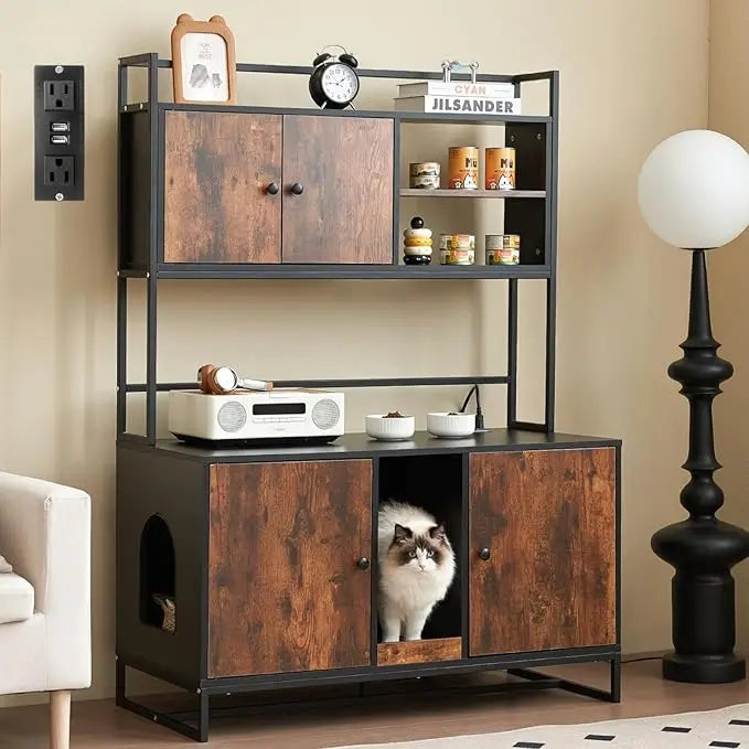 Cat Litter Box Enclosure with Power Outlet, Upgraded, Large Double Hidden Cat Litter Box, Furniture with Shelf, Indoor Cat House, Brown or White