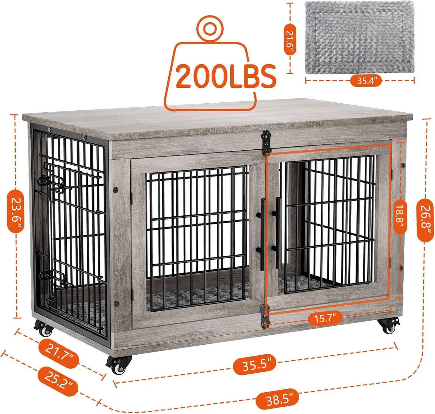 Dog Kennel Indoor, Double Doors Wooden Dog Cage, 38'' Heavy Duty Dog Crate, End Table, Pet House, Chew-Resistant, Up to 70 lb, Grey