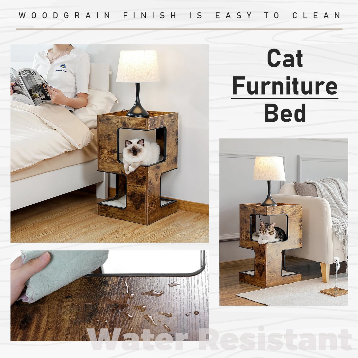 Wooden Cat Condo House with Plush Mats, Scratching Pad, Detachable Scratcher, Quality Furniture End Table Cat Condo