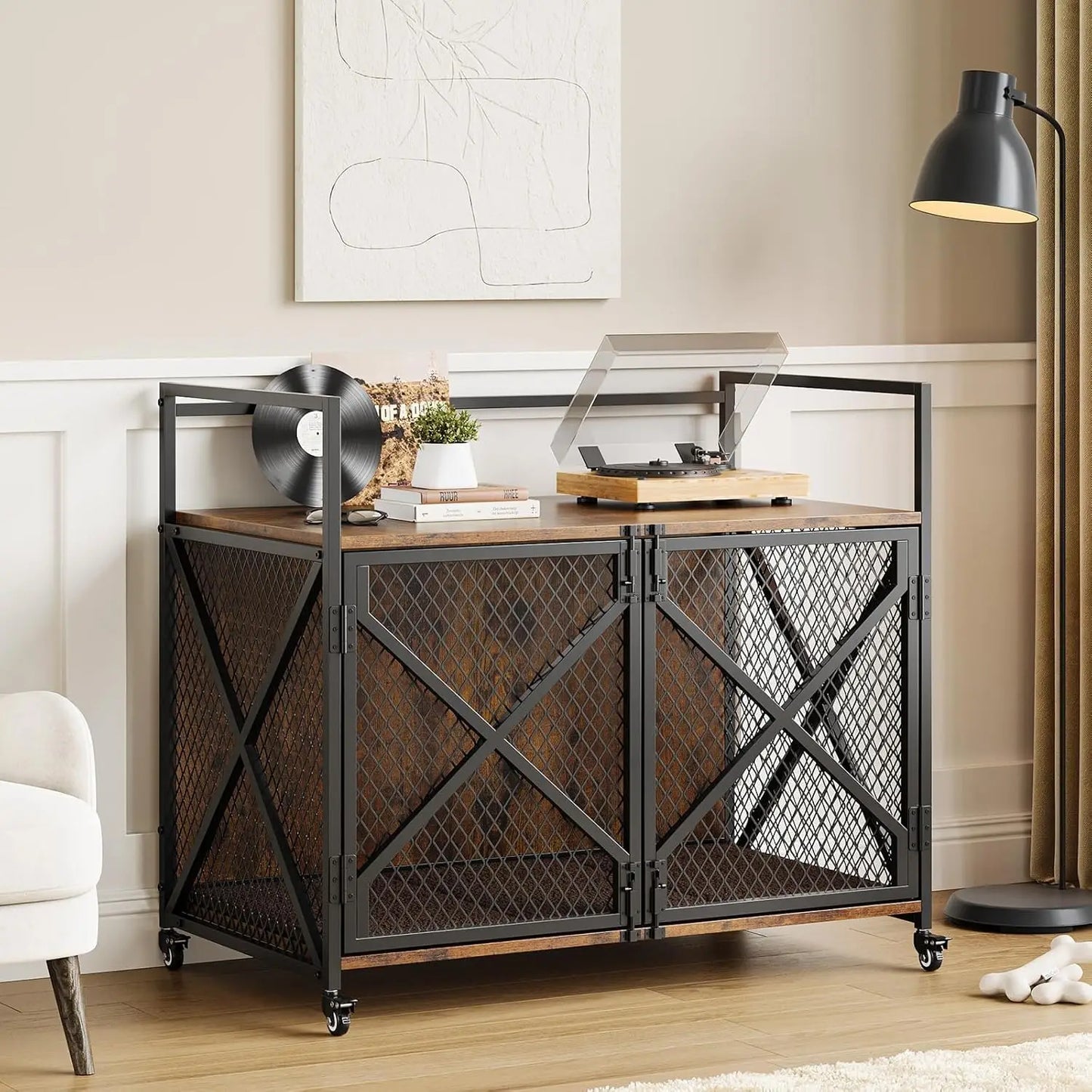 Large Wooden Dog Crate Furniture, Decorative End Table Indoor Dog House, With Lockable Wheels For Dogs, Heavy Duty Dog Cage