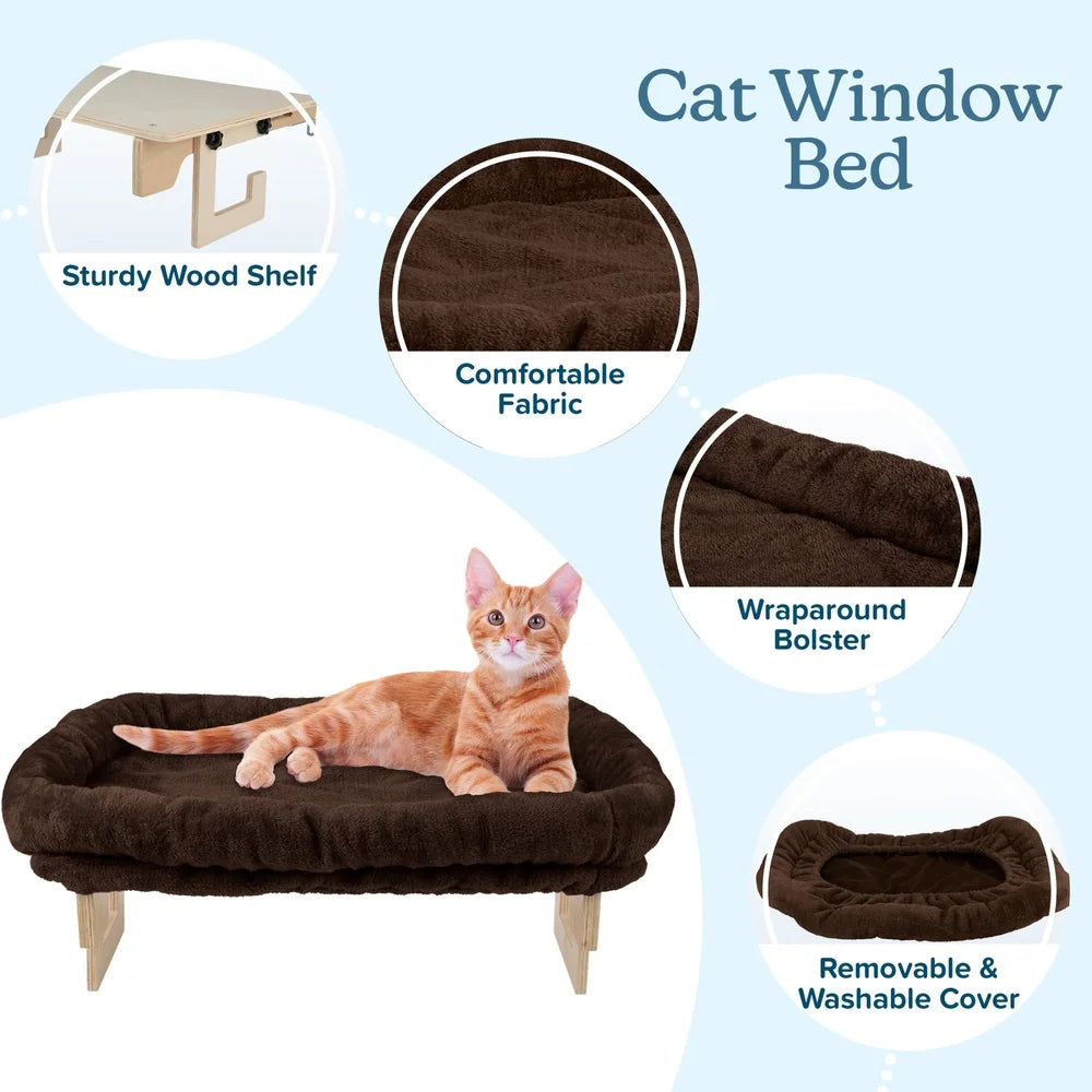 Cat Bed Windowsill Perch Hammock with Bolster, Easy Installation, Comfortable Wooden Frame, Durable Cat Shelf, Indoor Feline