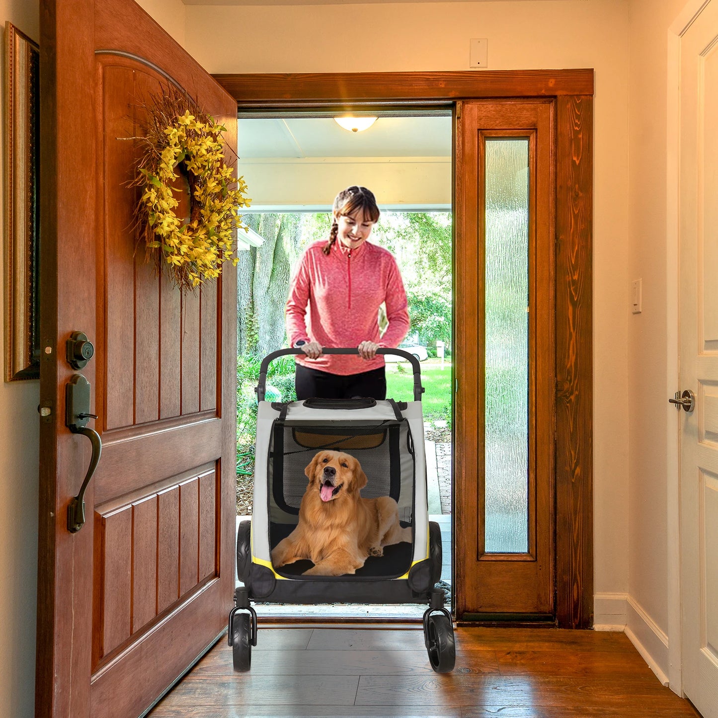 Portable Dog Stroller, 4 Wheels for Large Dogs, Foldable Pet Dog Cat Travel, Carriage Stroller, Breathable Carrier
