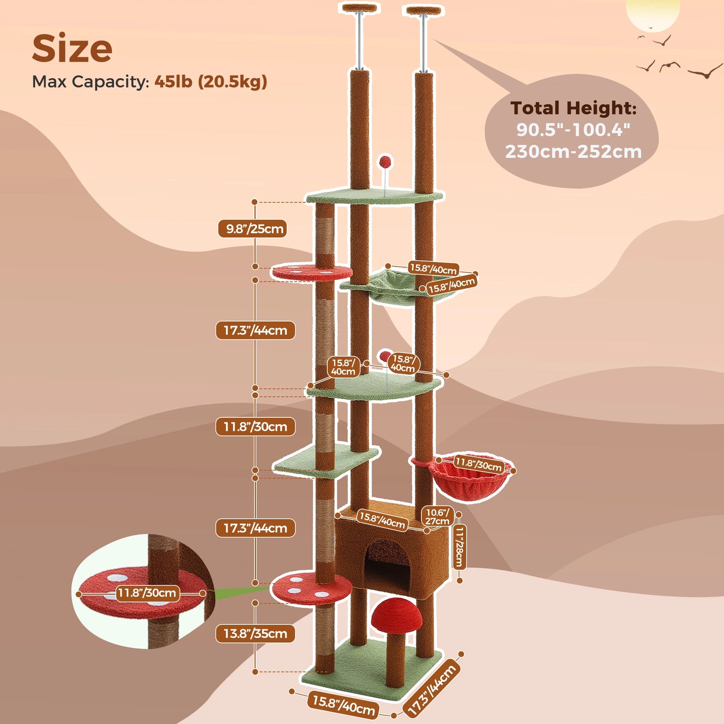 Adjustable Cat Tree, Floor to Ceiling Cat Condo, Hanging Ball, 5 Scratching Posts, Hammock, Ample Resting Place for Cats