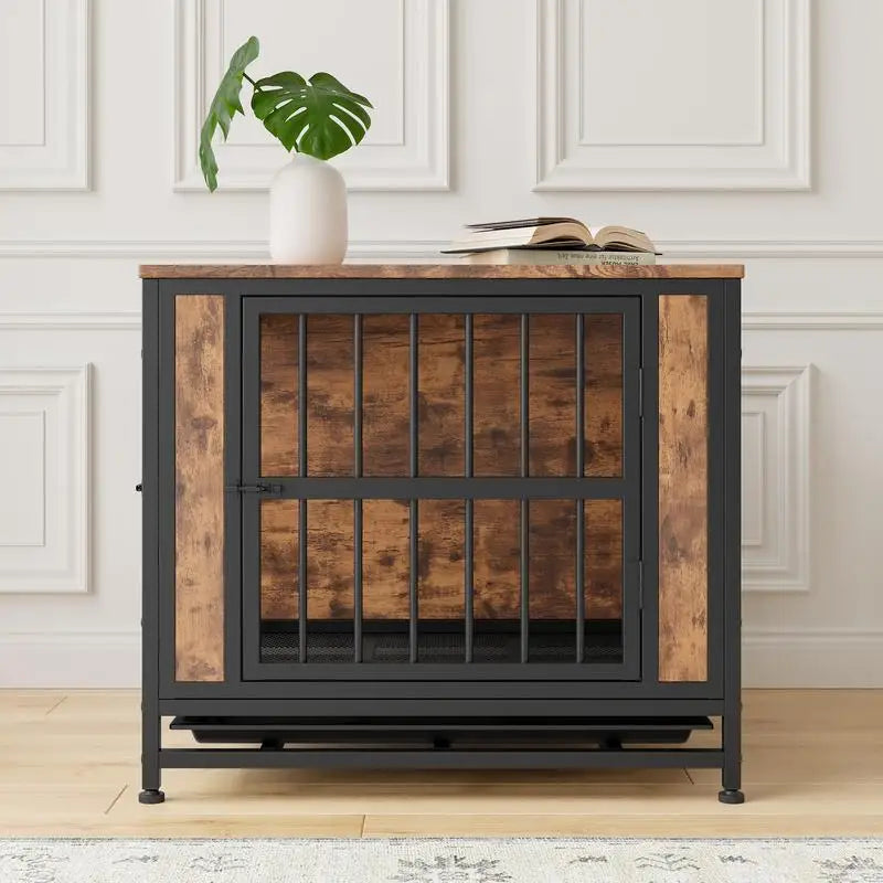 Wooden Dog Crate Table, 27.48" Decorative Pet Crate House, 2 Sliding Doors, Thick Iron Door Frame, Indoor Kennel for Small Dog
