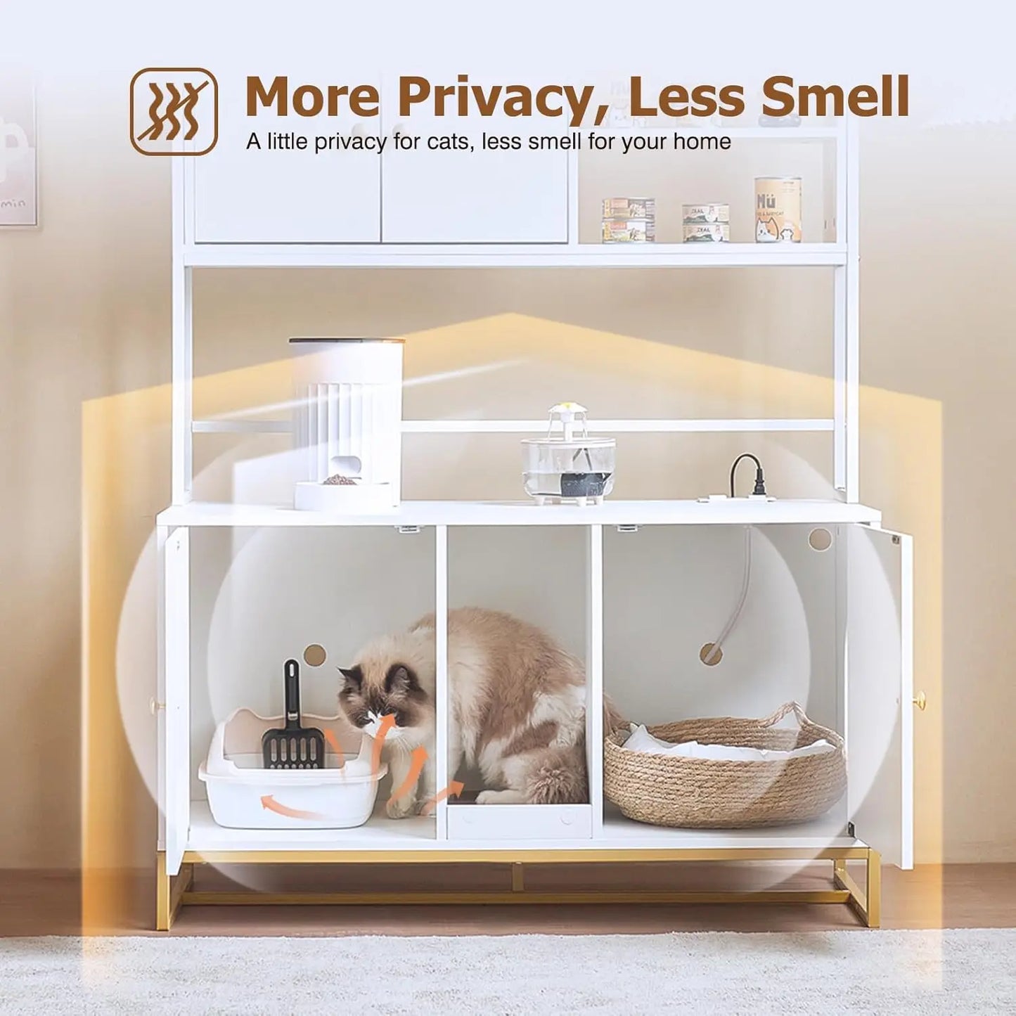 Cat Litter Box Enclosure with Power Outlet, Upgraded, Large Double Hidden Cat Litter Box, Furniture with Shelf, Indoor Cat House, Brown or White