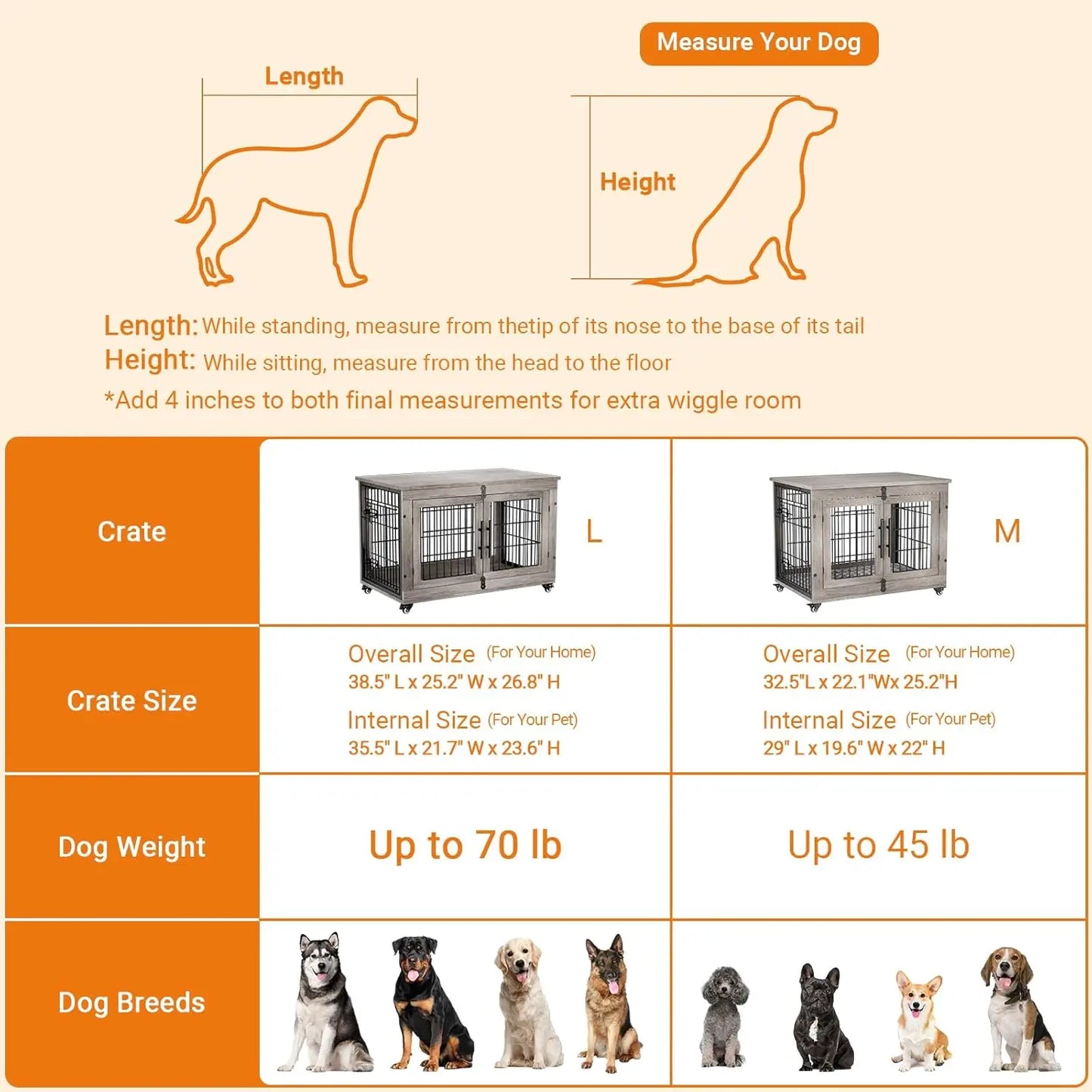Dog Kennel Indoor, Double Doors Wooden Dog Cage, 38'' Heavy Duty Dog Crate, End Table, Pet House, Chew-Resistant, Up to 70 lb, Grey
