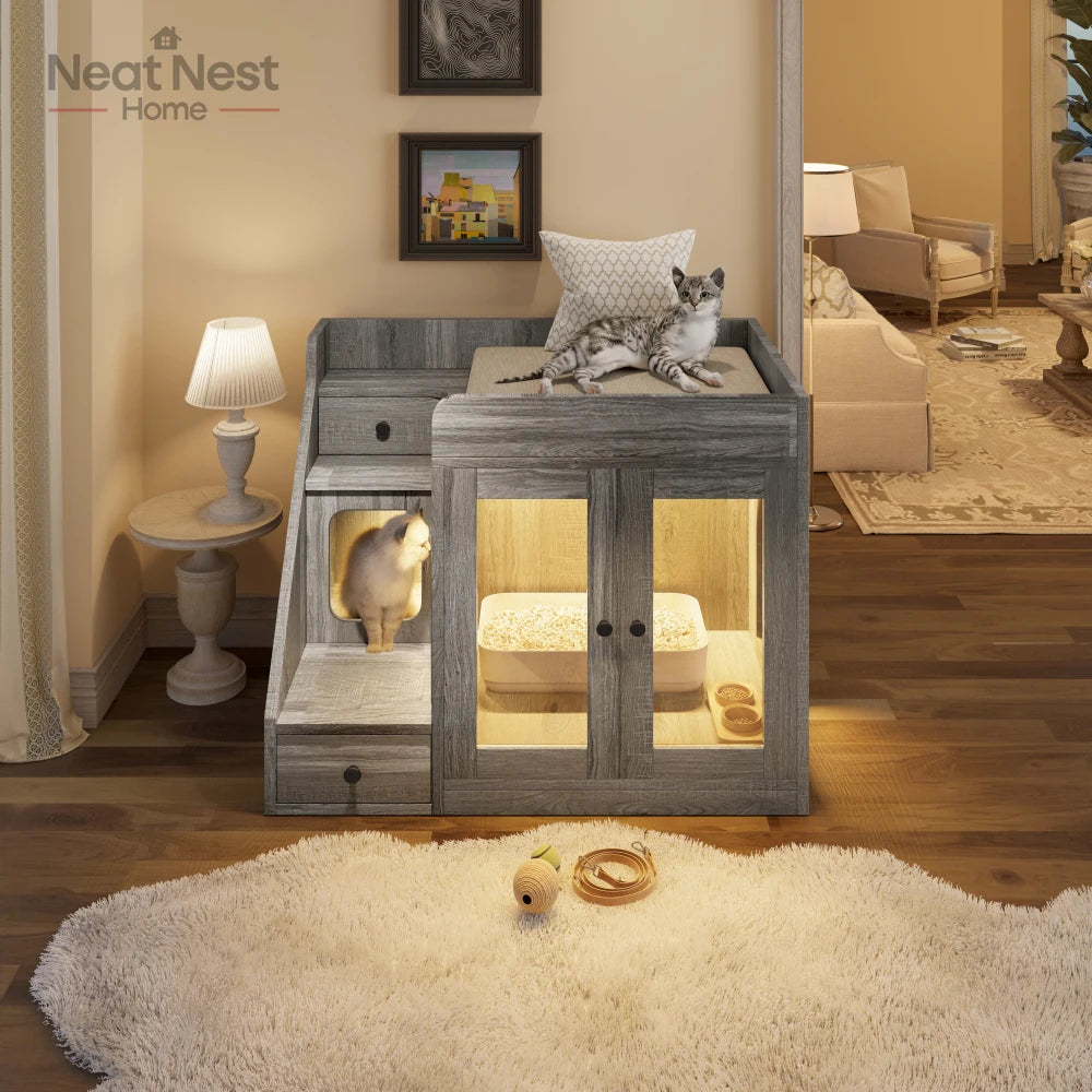 Indoor Cat House for Living Room, Cat Litter Box Enclosure with Light, Hidden Litter Box Furniture with 2 Storage Drawers