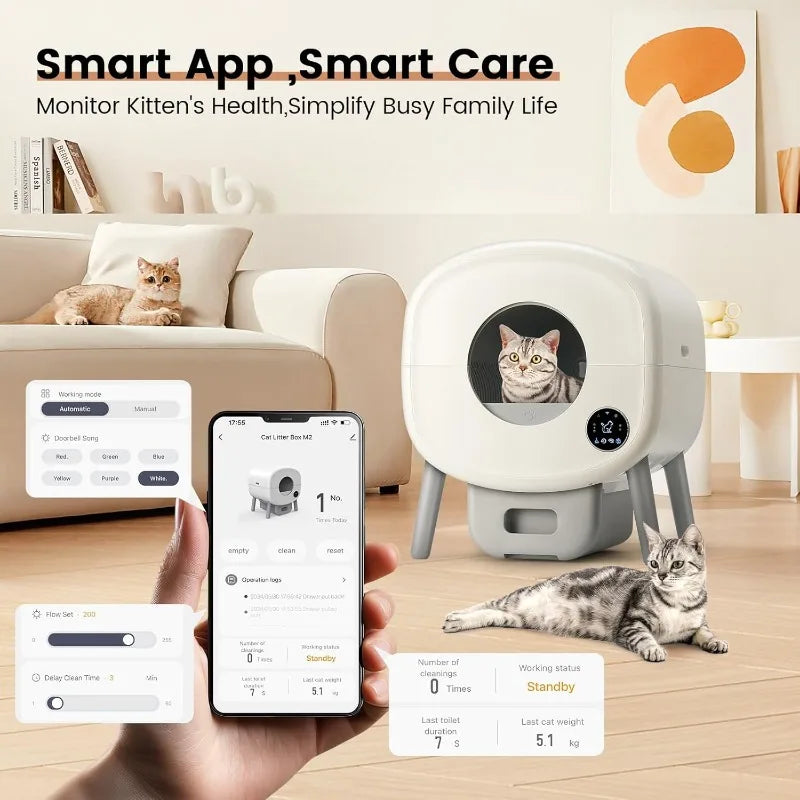 Extra Large Automatic Litter Box, Self Cleaning for Multiple Cats, Odor-Free, App-Controlled, Ambient Light, Waste Disposal