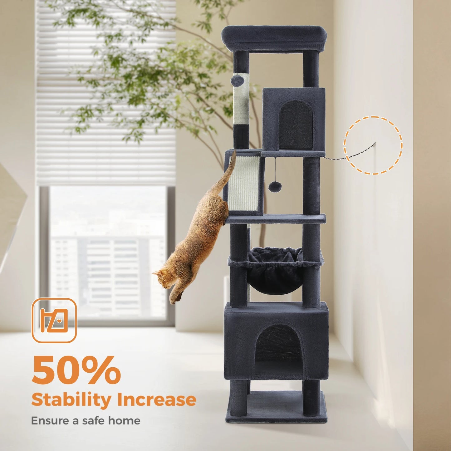 Tall Cat Tree for Large Cat with Large Hammock, Multi-Level Cat Tower with 2 Spacious Condos, Sisal Scratching Posts, Cat Toys