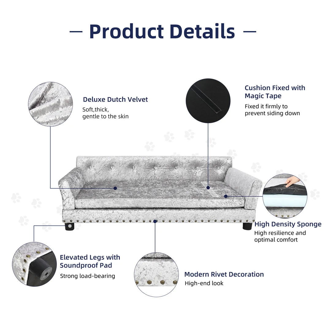 Deluxe Dog Couch Bed, Silver Dutch Velvet Upholstered Sofa Bed, Removable Cushion, for Medium to Large Dogs