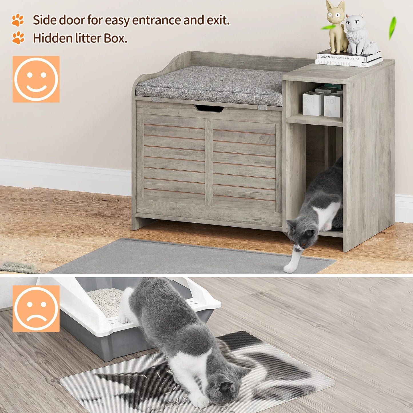Hidden Cat Litter Box, Wood Enclosure, Pet Crate with Cat Scratch Pad