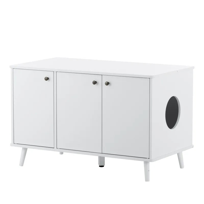Litter Box Enclosure, Cat Litter Box, Furniture with Hidden Plug, 3 Doors, Indoor Cat Washroom, Storage Bench , White