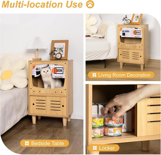 Cat TV House, Sturdy Wooden Cat Condo, Luxury Cat TV, Furniture with Cat Scratcher and Storage Space
