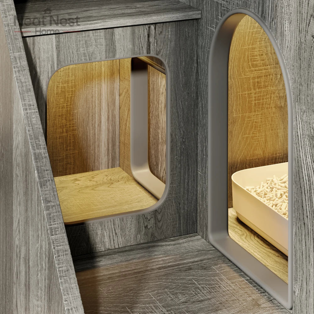 Indoor Cat House for Living Room, Cat Litter Box Enclosure with Light, Hidden Litter Box Furniture with 2 Storage Drawers