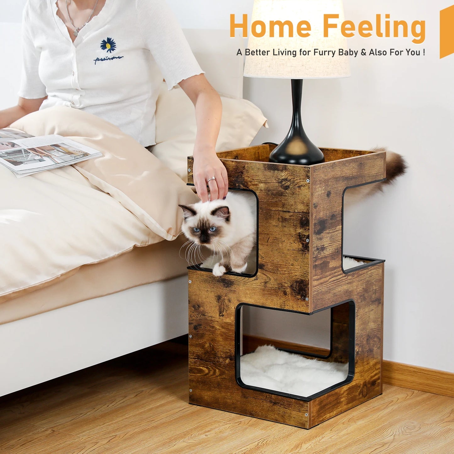 Wooden Cat Condo House with Plush Mats, Scratching Pad, Detachable Scratcher, Quality Furniture End Table Cat Condo