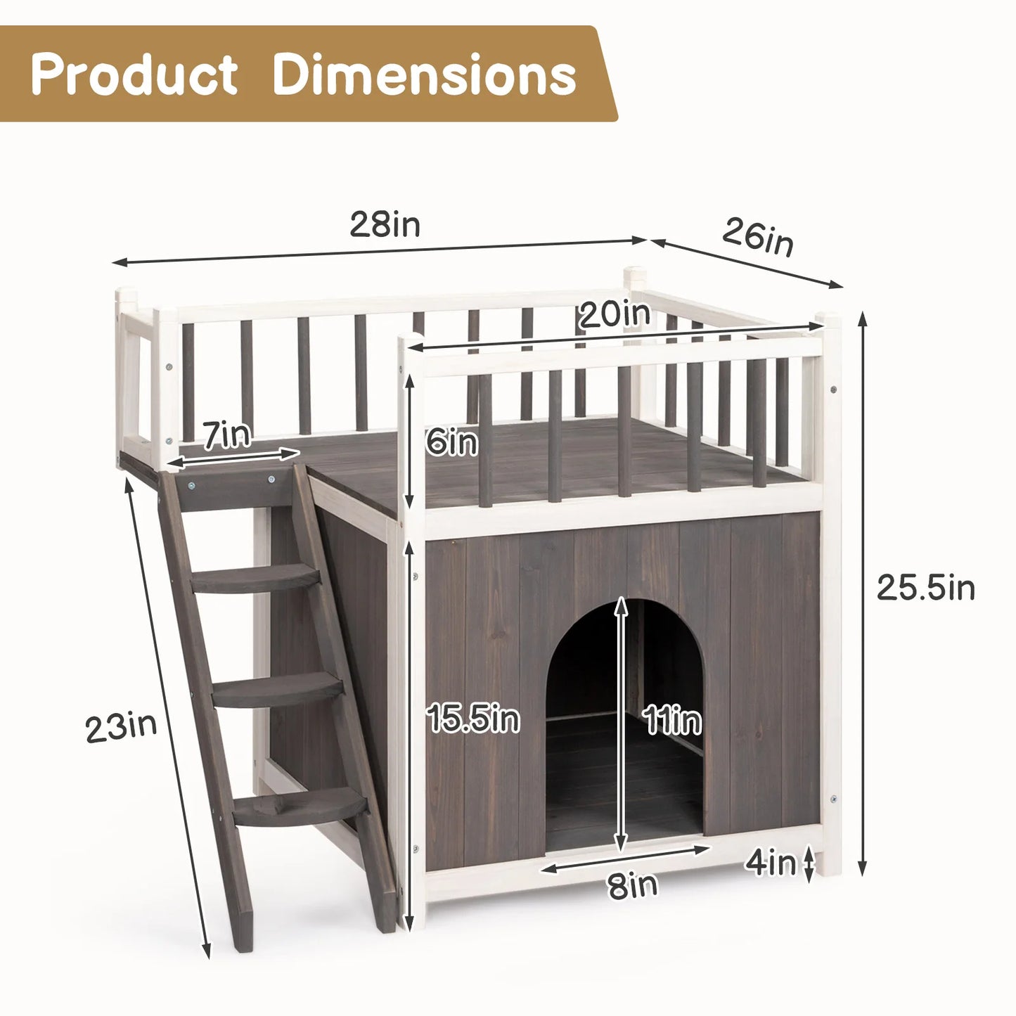 Large Luxury Cat Villa, 2-Story Wooden Feral Cat House, Dog House for Outdoor and Indoor, Pet House with Stairs, Grey & White