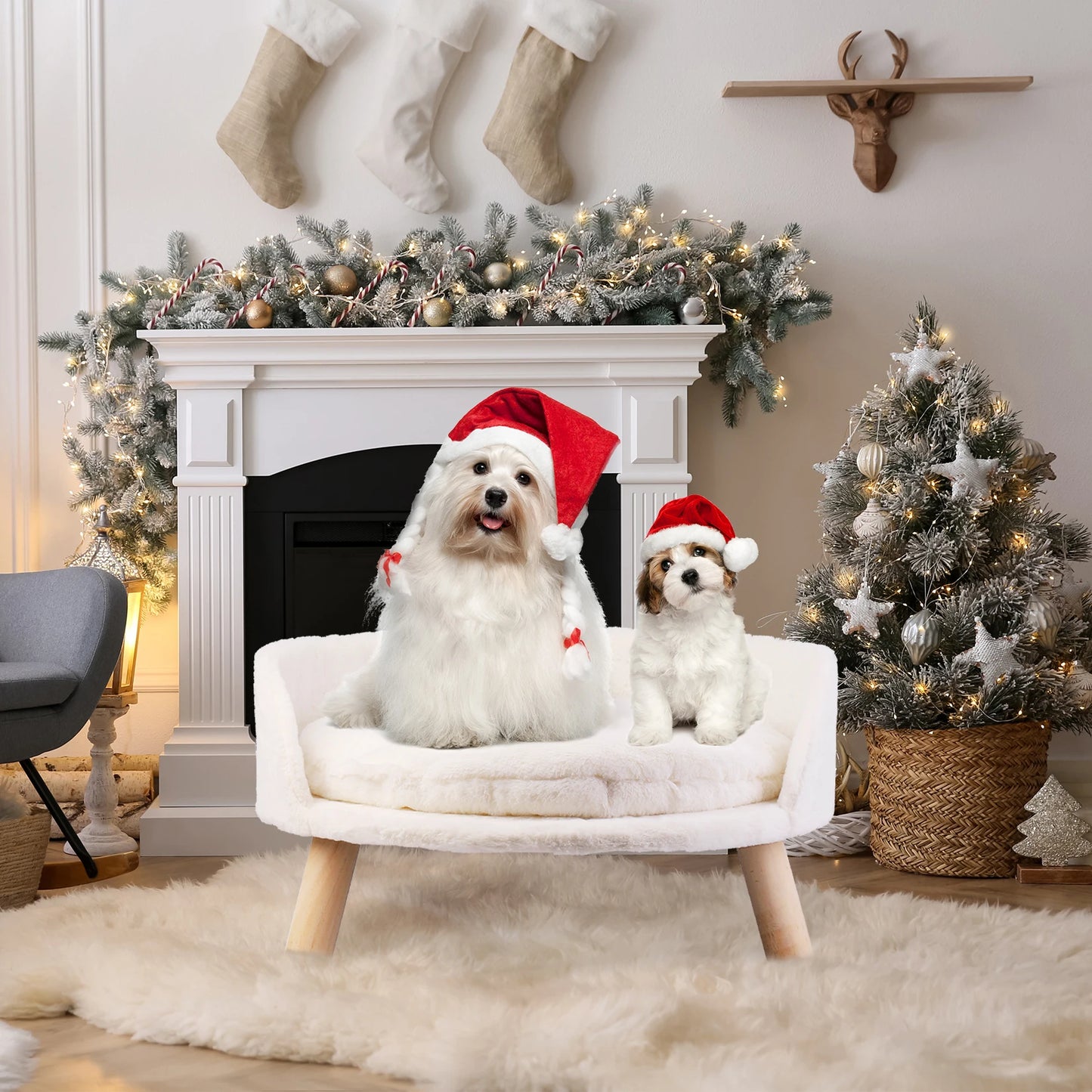 Luxury Soft Cat/Dog Bed, Warm Plush Fabric, Pet Nesting Chair/Bed, Washable Couch Wood Legs with Cushion Pad, For Small Pets