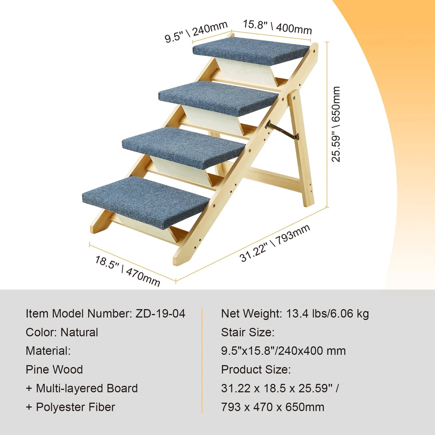 Wooden Pet Steps/Ramp Combo, Foldable, Fabric Covered