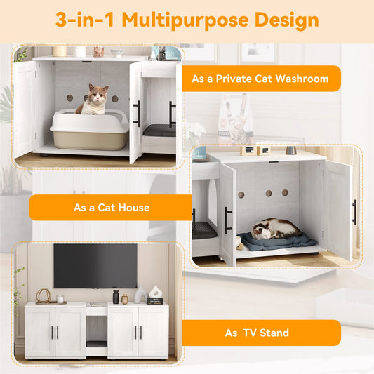Double-Room Cat Litter Box Enclosure, Furniture for 2 Cats, Wooden Design, Discreet Home Decor Solution, With Integrated Storage