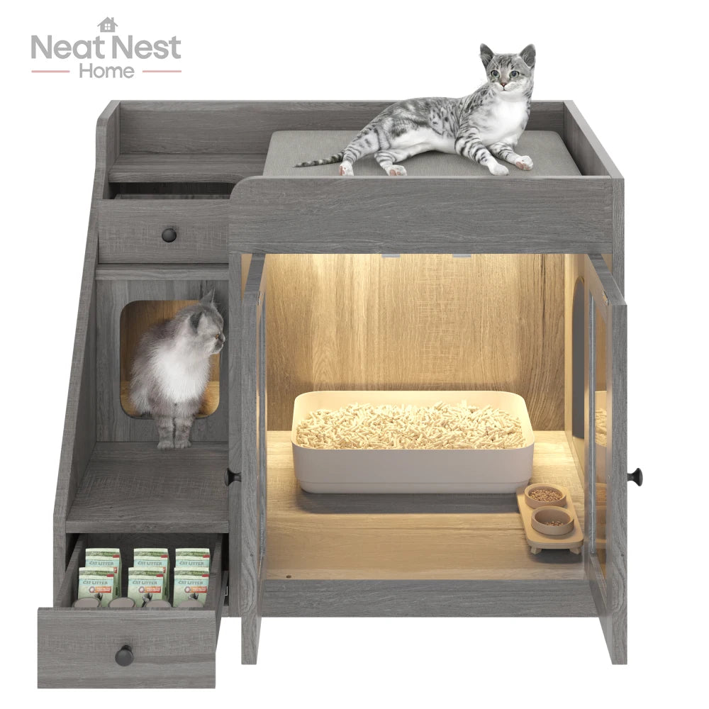Indoor Cat House for Living Room, Cat Litter Box Enclosure with Light, Hidden Litter Box Furniture with 2 Storage Drawers